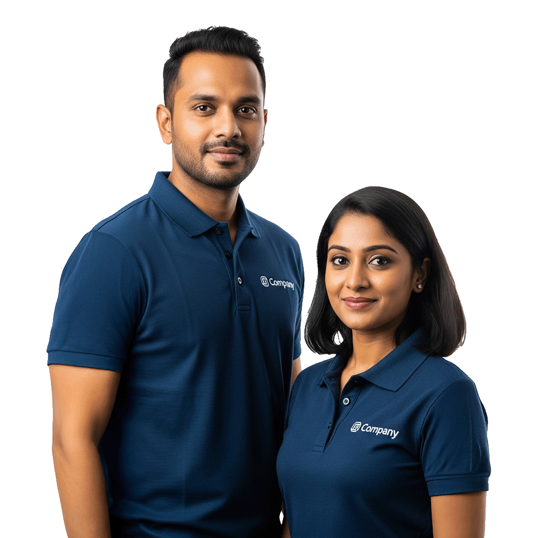 A professional Couple standing together wearing polo style dark blue tshirt